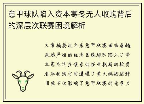 意甲球队陷入资本寒冬无人收购背后的深层次联赛困境解析