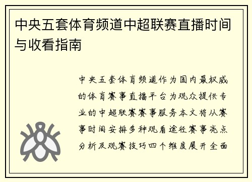 中央五套体育频道中超联赛直播时间与收看指南